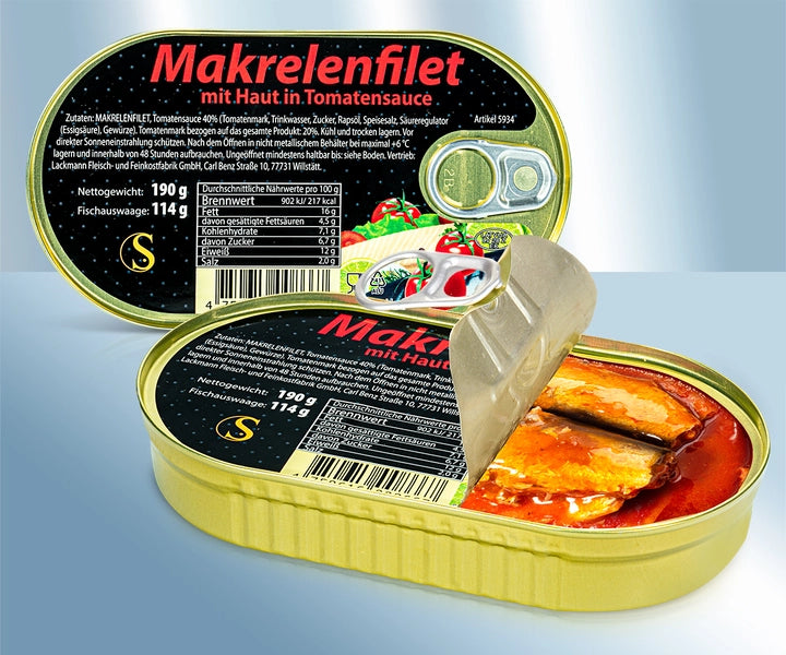 Mackerel fillets with skin, in tomato sauce