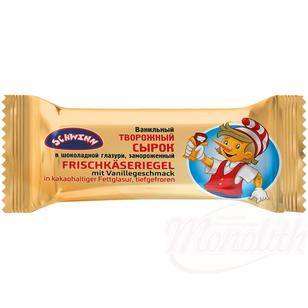 Frozen vanilla-flavored cream cheese bar in a fat-free glaze containing cocoa