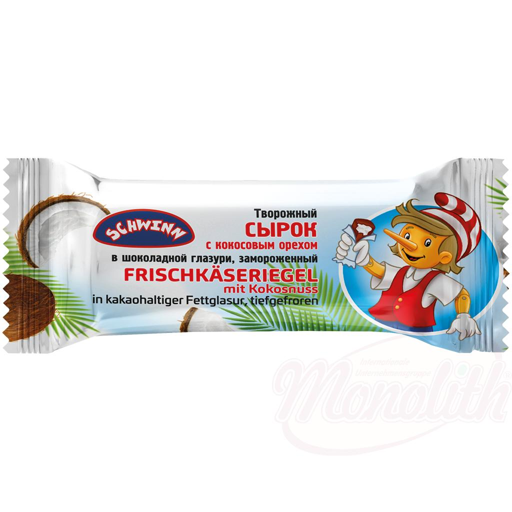 Fresh cheese bar with coconut in a fat glaze containing cocoa, frozen