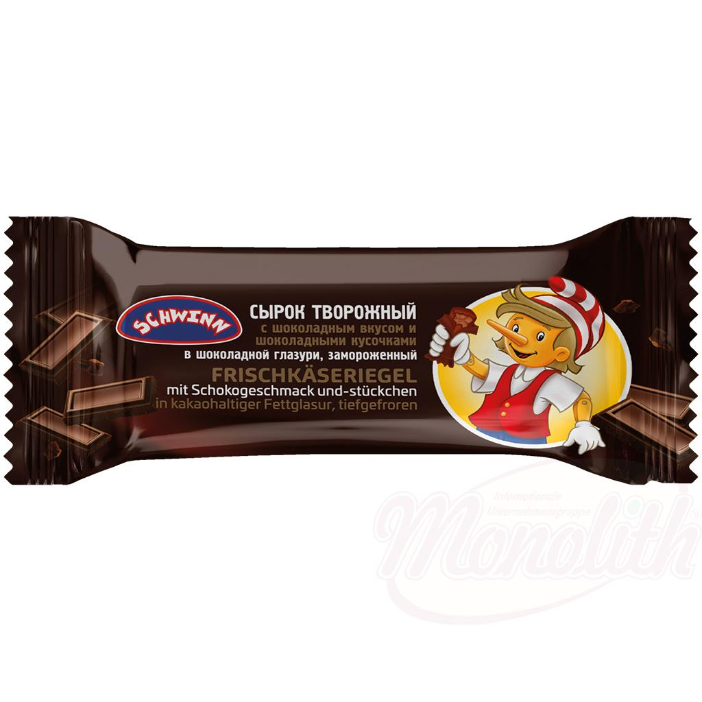 Frozen cream cheese bar with chocolate flavor and pieces in a fat glaze containing cocoa