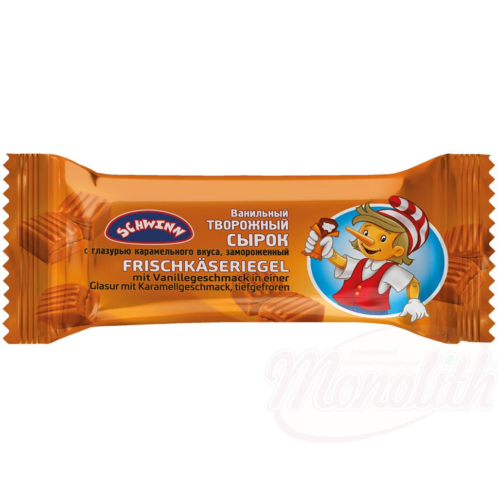 Frozen vanilla-flavored cream cheese bar in a caramel-flavored glaze