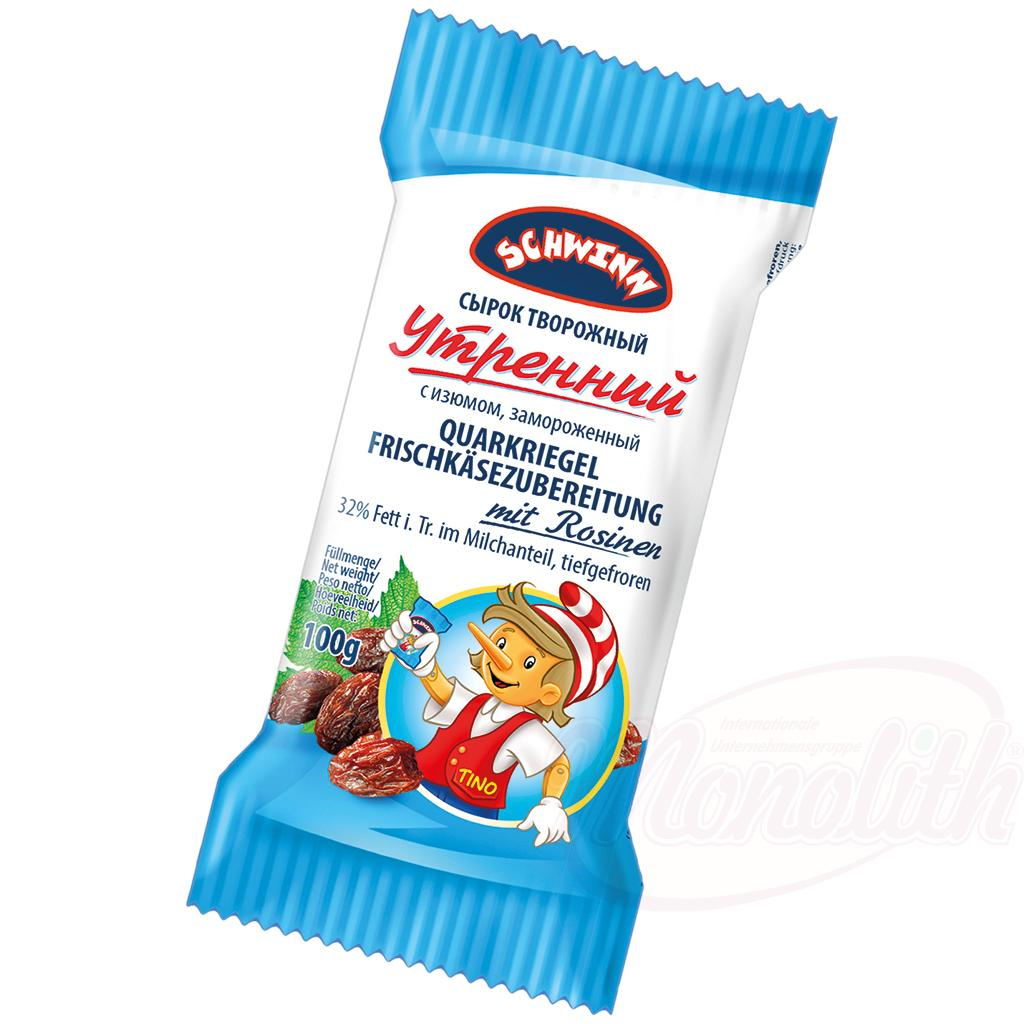 Utrennij White Cheese Bar. A fresh cheese preparation with raisins, 32% fat in the paste. In the milk part, frozen.