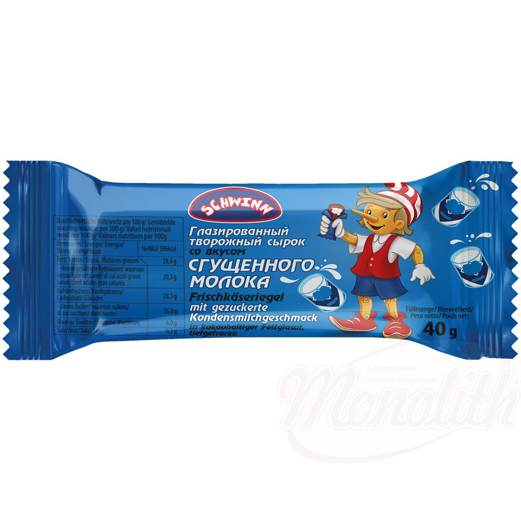 Fresh cheese bar with sweetened condensed milk flavor in a fatty glaze containing cocoa, frozen