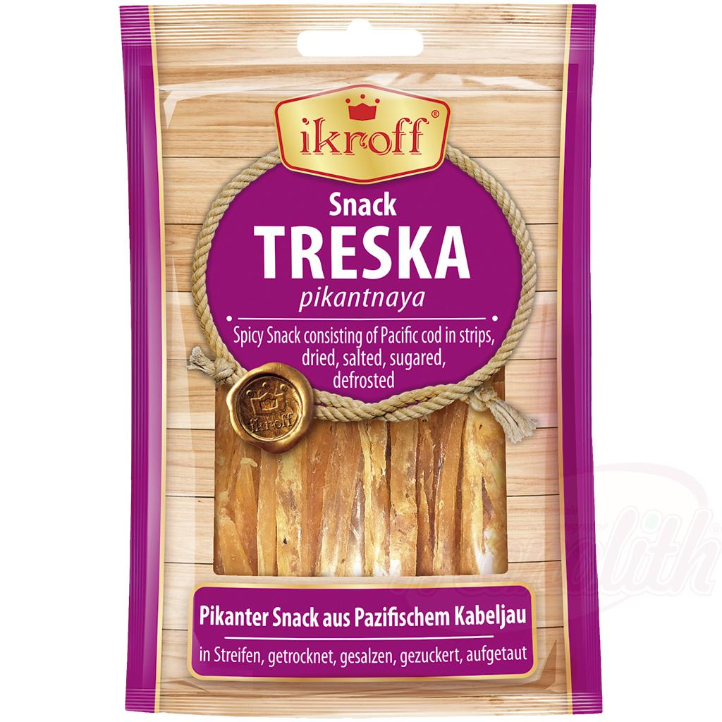 Spicy snack made from sliced Pacific cod (Gadus macrocephalus), dried, salted, sweetened, and defrosted.