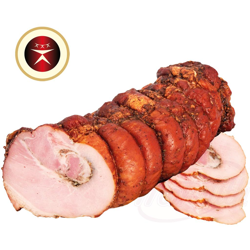 Rouleau de porc à lail, salé, épicé et cuit, avec protéines de soja, aromatisé