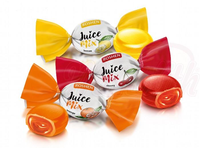 Mélange de caramels durs fourrés "Juice Mix" aux différents goûts (orange, citron, cerise). Garniture 18%./lose