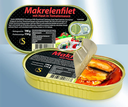 Mackerel fillets with skin, in tomato sauce