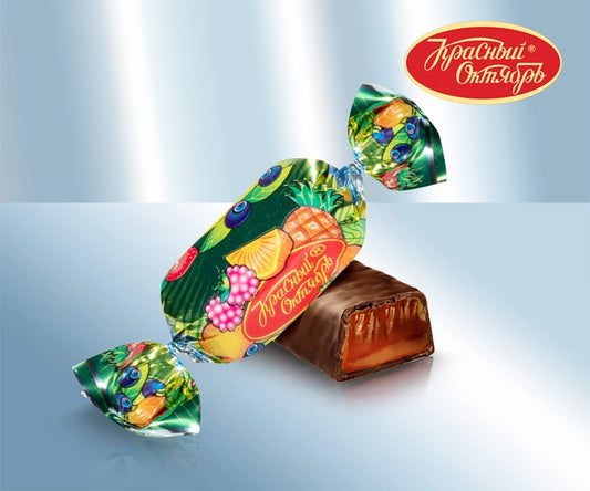 Jelly confectionary multi-fruit flavoured, in a coating that contains cocoa