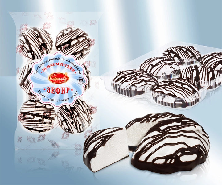 Foam confectionery with vanilla flavour an cocoa-based glaze