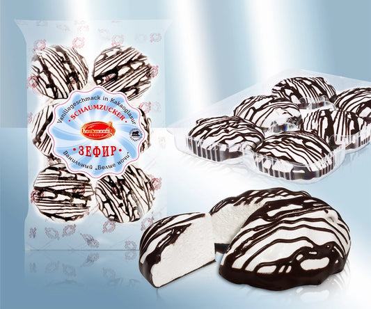 Foam confectionery with vanilla flavour an cocoa-based glaze