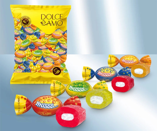 Musss Candies with fizzy inside in flavors: lemon, orange, cherry, grape