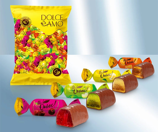Chocolate covered jellies "O, Fruit" with lemon, orange, cherry and apple flavour