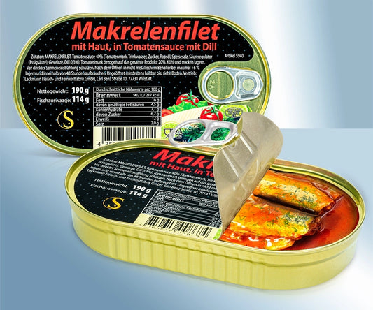 Mackerel fillets with skin, in tomato sauce with dill