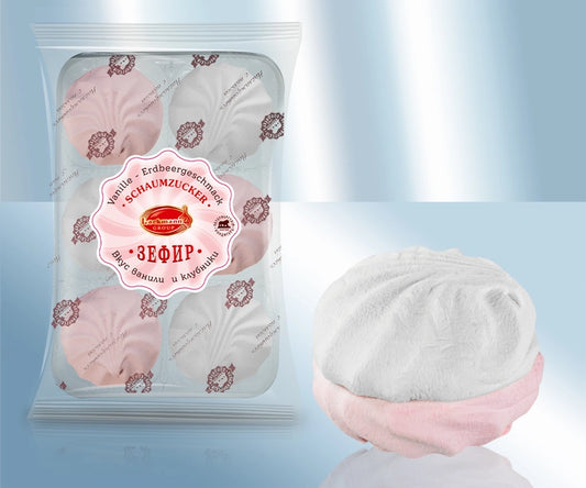 Foam confectionery with vanilla and strawberry flavour