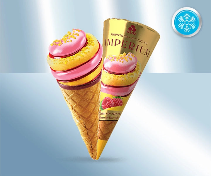 Ice cream with raspberry flavour filling and with mango flavour filling in a waffle cone, 150ml