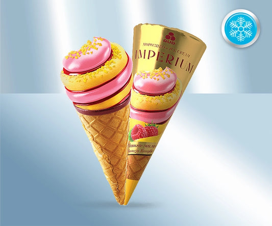 Ice cream with raspberry flavour filling and with mango flavour filling in a waffle cone, 150ml
