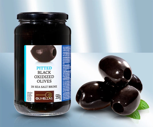 BLACK OXIDIZED PITTED OLIVES (CONFIT) in salt brine Halkidiki variety