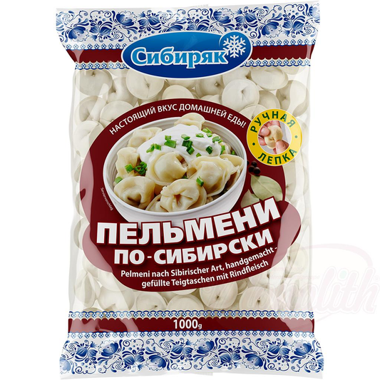 Siberian-style pelmeni, handmade – turnovers stuffed with beef (40%), frozen.