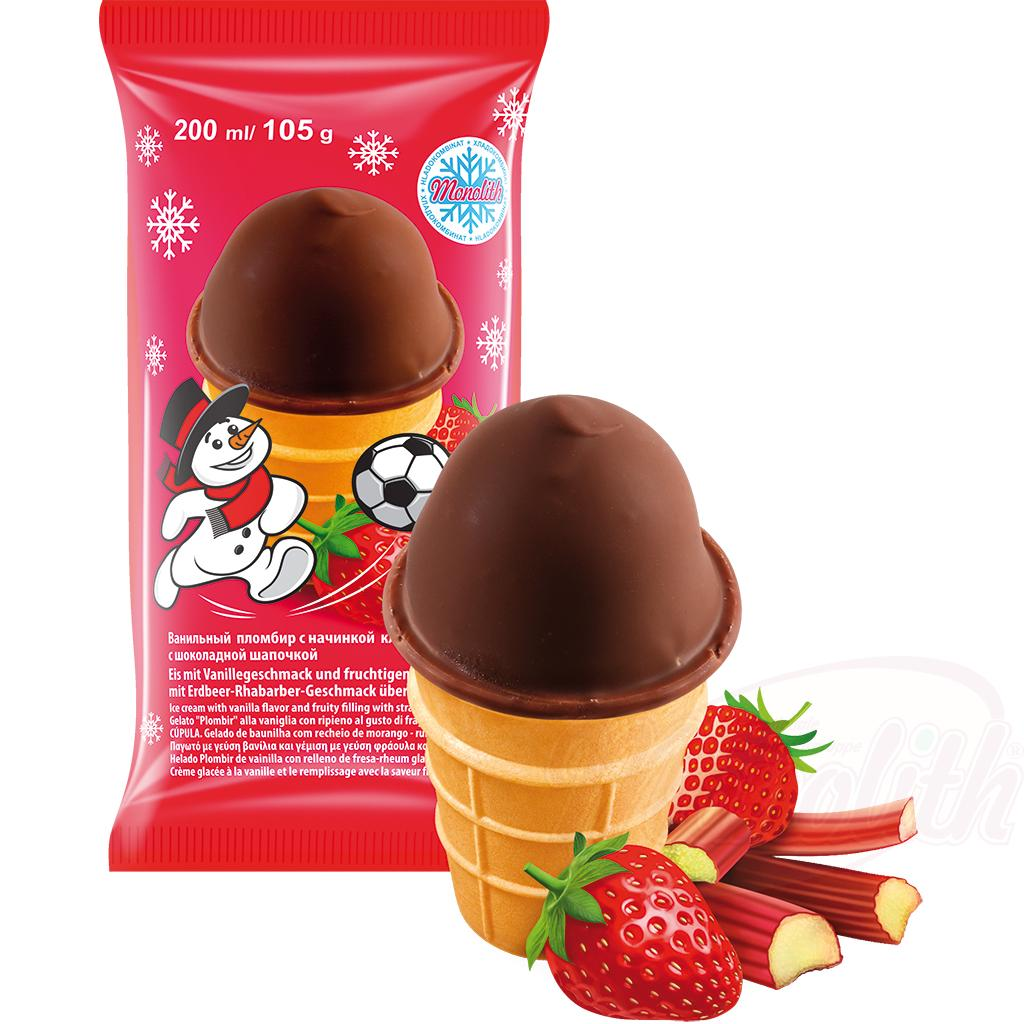Glace au goût de vanille et garniture fruitée au goût de fraise-rhubarbe recouverte dun glaçage gras au cacao