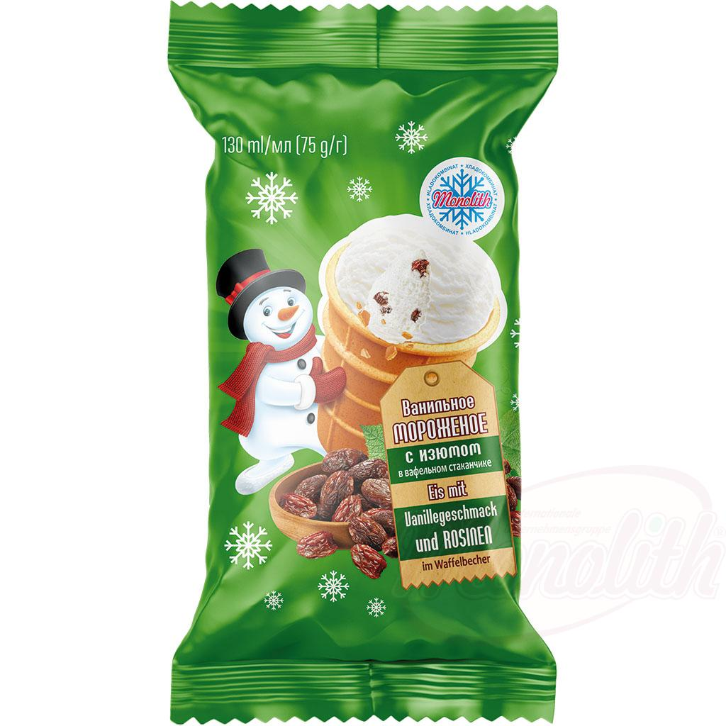 Glace à la crème et aux raisins secs dans un gobelet gaufré