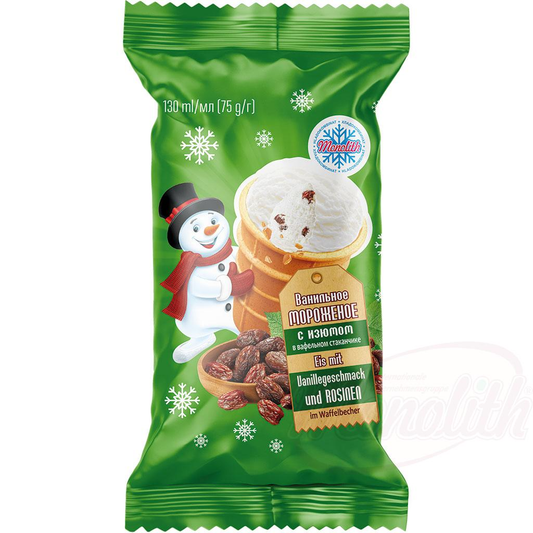 Glace à la crème et aux raisins secs dans un gobelet gaufré