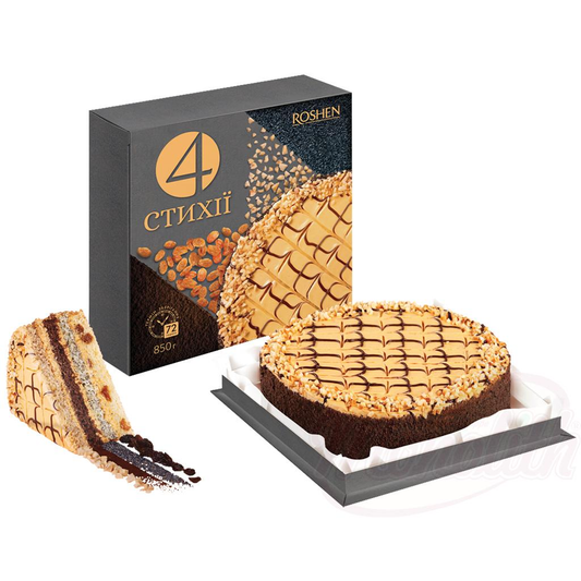 Gâteau "4 éléments" composé de 4 fonds de tarte aux arachides, graines de pavot, raisins secs et cacao, fourré et enrobé de crème au lait concentré sucré 27,3 %, décoré d’arachides, surgelé