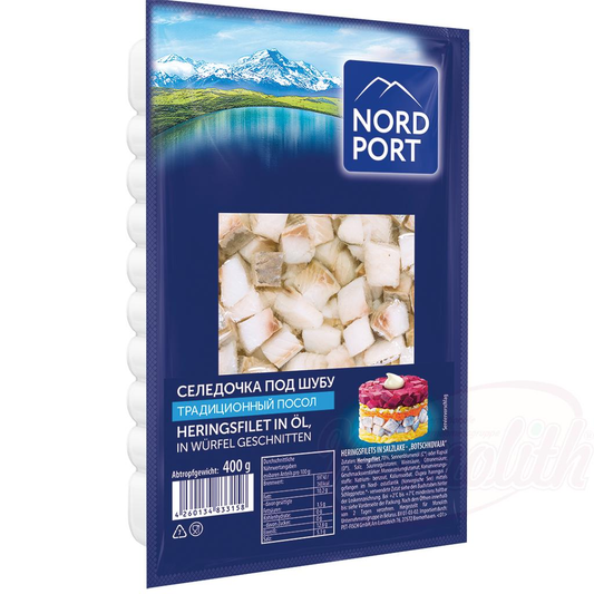 Filet de hareng à lhuile, coupé en cubes