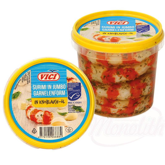 Imitation de crevettes surimi formées à partir de protéines de muscle de poisson, dans de lhuile dail