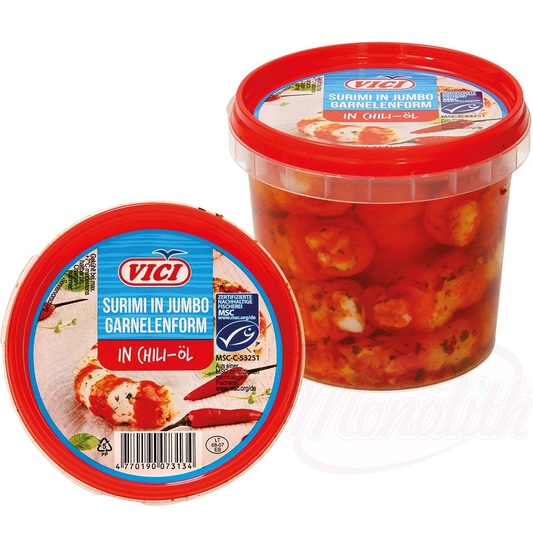 Surimi, imitation de crevettes formées à partir de protéines de muscle de poisson, dans de lhuile au piment