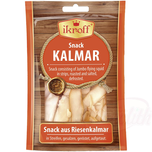 Snack de calmar géant (Dosidicus Gigas) en lamelles, salé, grillé, décongelé.