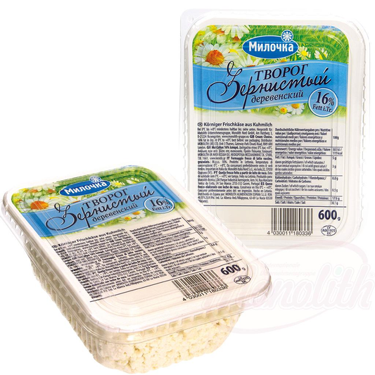 Fromage frais en grains au lait de vache "Tvorog derevenskij" 16% MGES