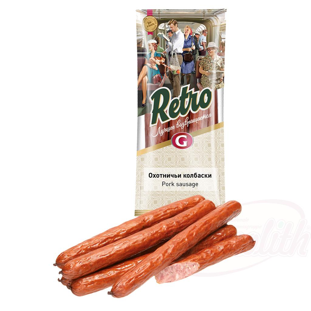 Saucisses cuites "Ochotnitschi Kolbaski" RETRO à la mode de Cracovie grossièrement fumées