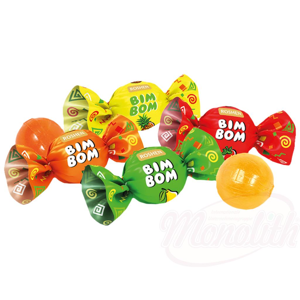 Caramels durs "Bim Bom" avec fourrage aromatisé (18%) aux parfums : fraise, ananas, poire / sans sucre