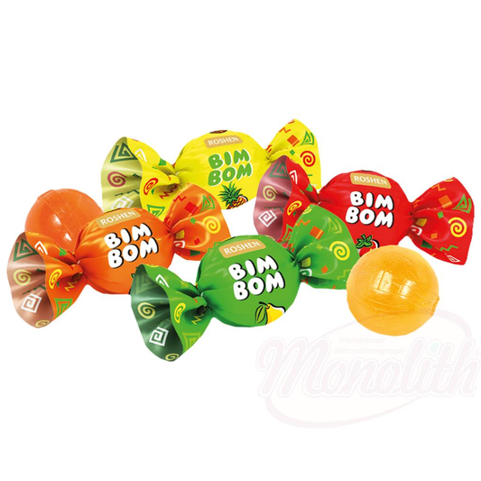 Caramels durs "Bim Bom" avec fourrage aromatisé (18%) aux parfums : fraise, ananas, poire / sans sucre