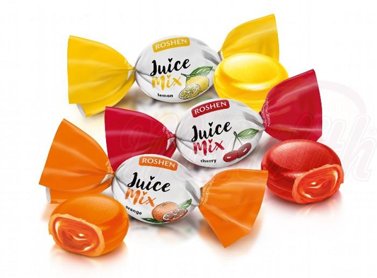 Mélange de caramels durs fourrés "Juice Mix" aux différents goûts (orange, citron, cerise). Garniture 18%./lose