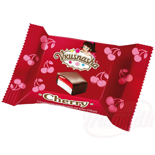 Confiserie en mousse "Vkusnasha Cherry" fourrée de gelée au goût de cerise et recouverte dun glaçage gras au cacao /lose