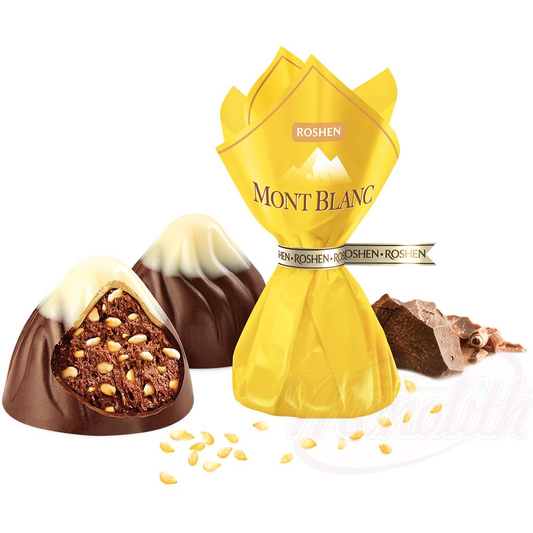 Confiserie "Monblan" au sésame (5,7%) et au chocolat (19,7%), décorée de glaçage gras blanc (9%) /lose